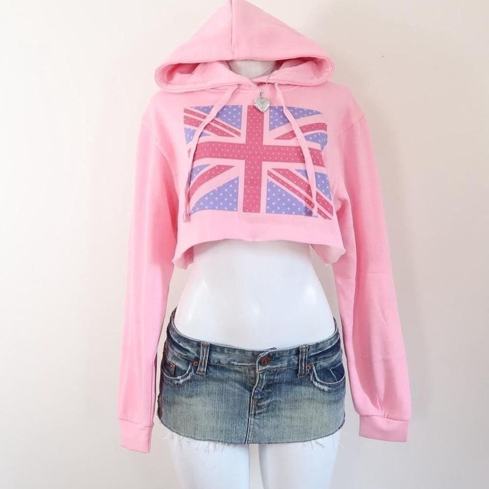 pink union jack cropped hoodie y2k british mcbling
